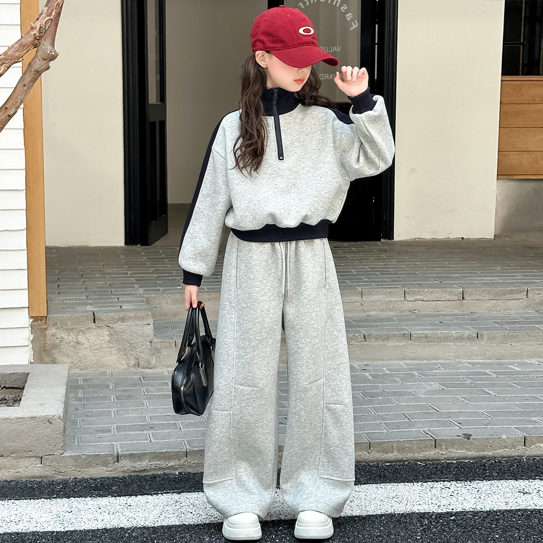 女童运动套装2025新款儿童洋气时髦半拉链卫衣女大童春秋装两件套