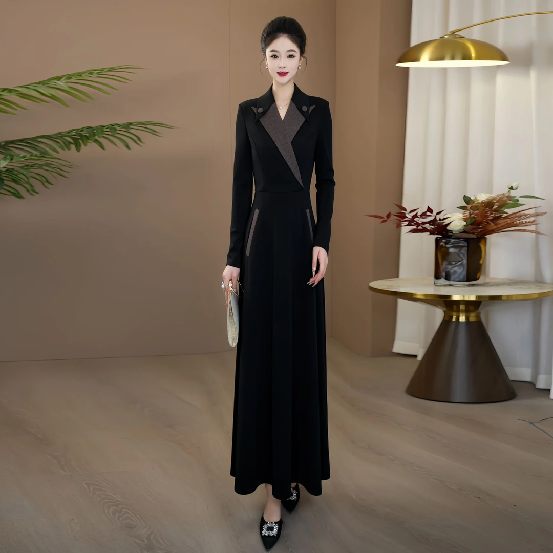 秋季轻奢高贵长袖连衣裙2025新款爆款遮肉显瘦收腰大摆长裙201