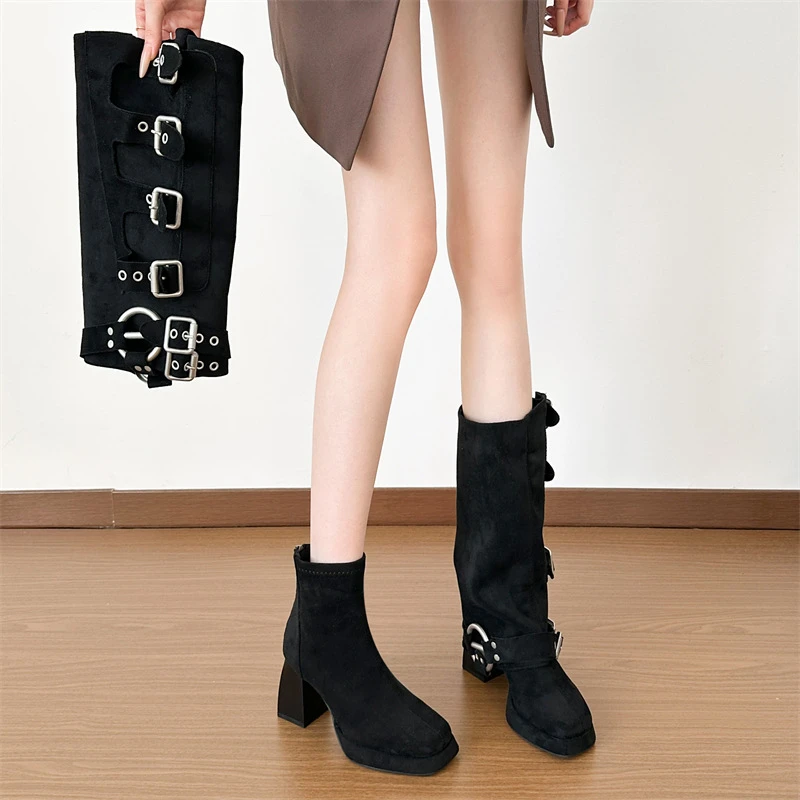 时尚复古辣妹风皮带扣高筒靴2025秋冬新款西部牛仔靴两穿