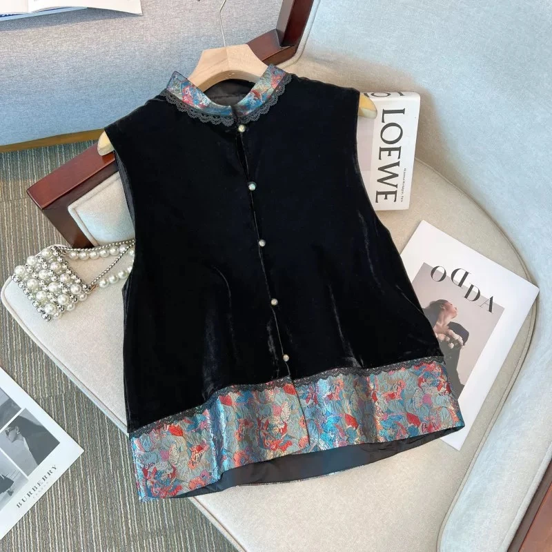 【蝶羽】新款宽松上衣国风新中式立领无袖马夹蕾丝百搭时尚拼接