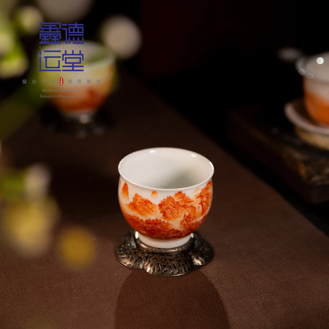 鑫德运堂景德镇陶瓷 矾红绘画系列山水风景玉兰杯 高档 约150cc