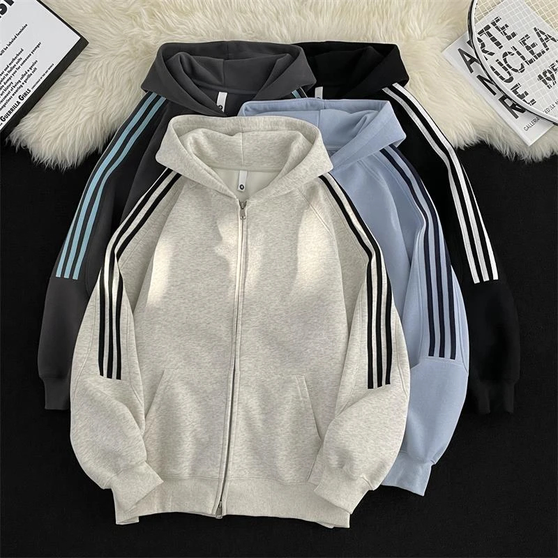 【TQUX港奢男装】灰色三条杠连帽运动衫男美式潮流百搭情侣品质宽