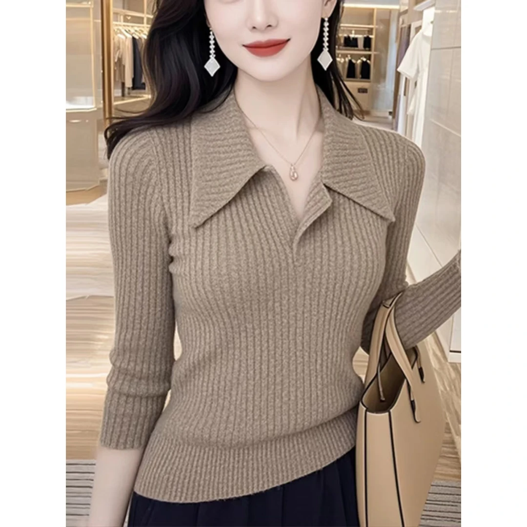 时尚优雅好看灰咖色POLO领长袖针织衫女秋季新款独特穿搭套头小衫