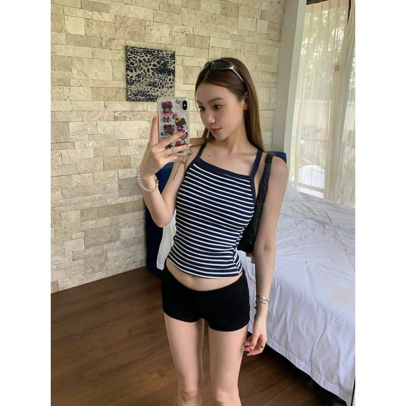 针织撞色条纹工字吊带背心女新款修身上衣