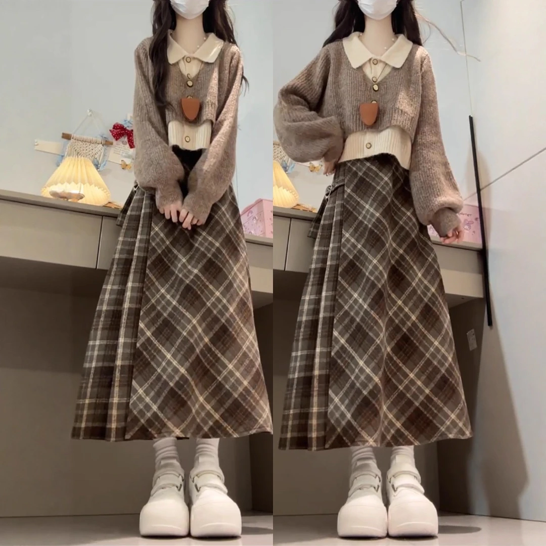 2025秋季新款学院风Polo领假两件毛衣气质收腰格纹半身长裙两件套