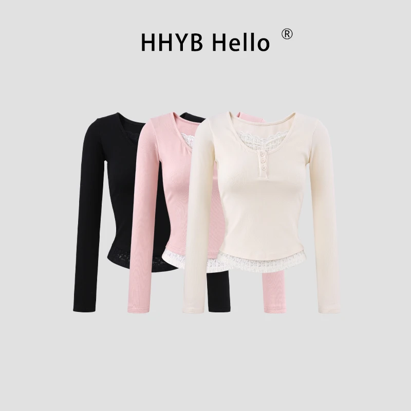 HHYB Hello粉色纯欲风拼接设计假两件三色打底针织上衣250722