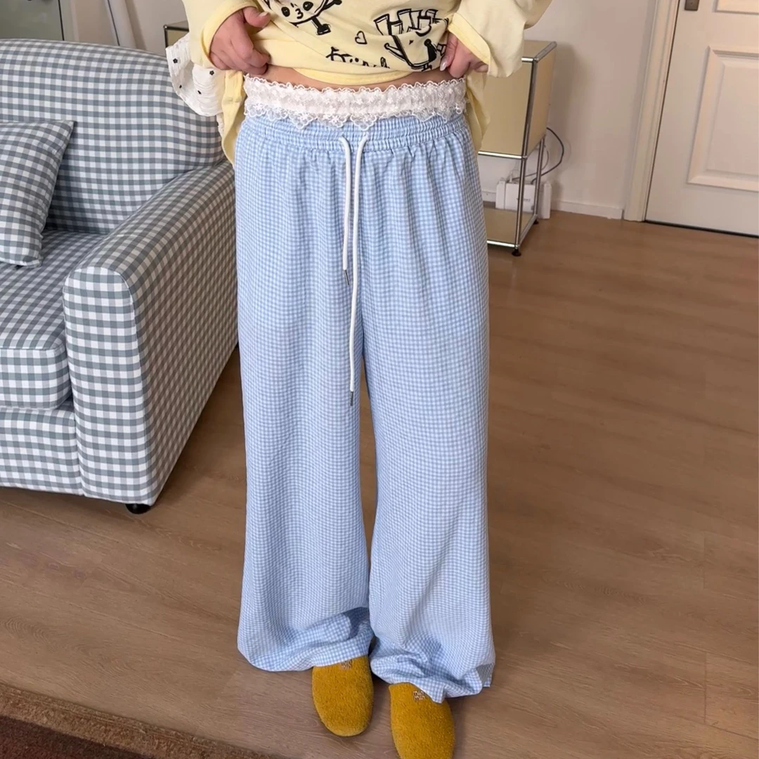 晶咕【夏日凉凉裤】百搭宽松格纹潮流腰头拼蕾丝休闲格子阔