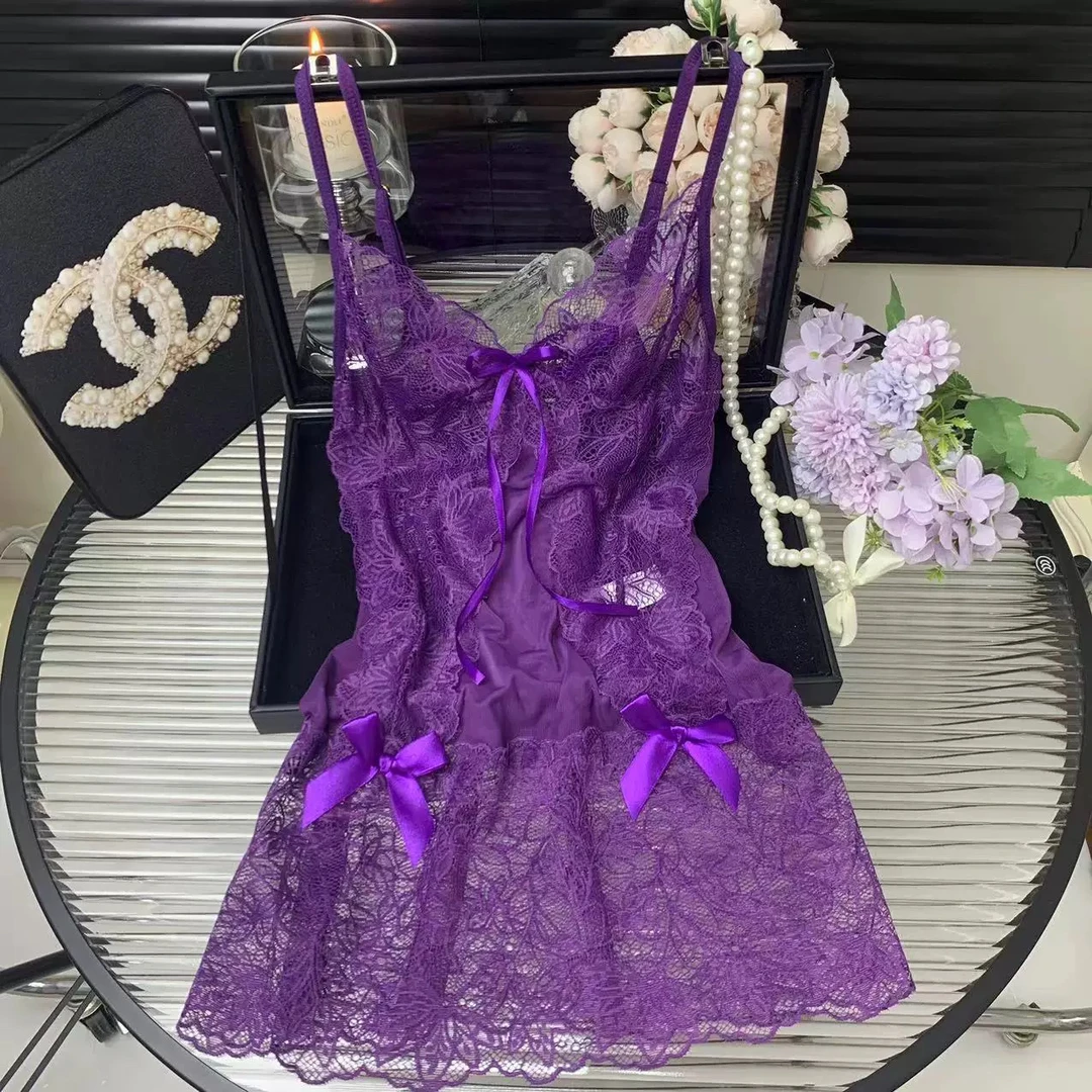 紫色蕾丝紫色纯欲性感睡衣女镂空蕾丝网纱战袍绑带美背吊带睡裙女