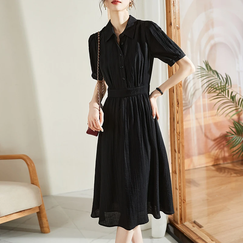 黑色衬衫连衣裙法式高端轻奢气质高定款小黑裙收腰显瘦裙子2369