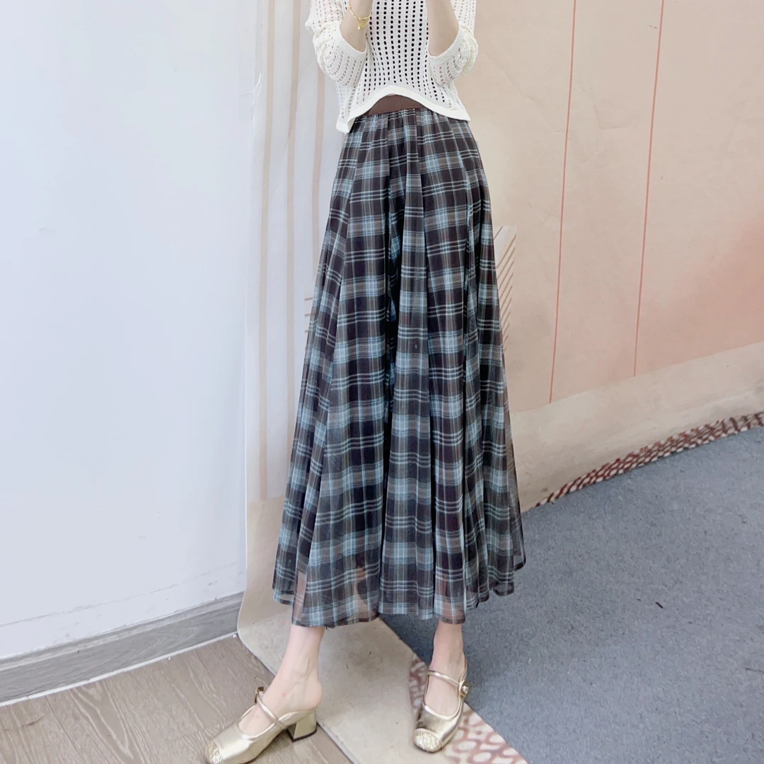 755高腰显瘦A字通勤百搭复古格子大摆半身裙7755/JP
