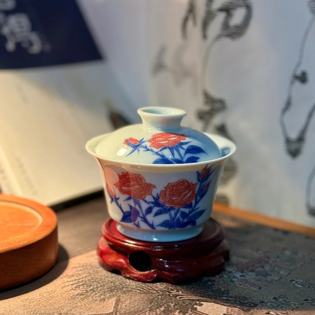 景德镇纯手工手绘玫瑰盖碗