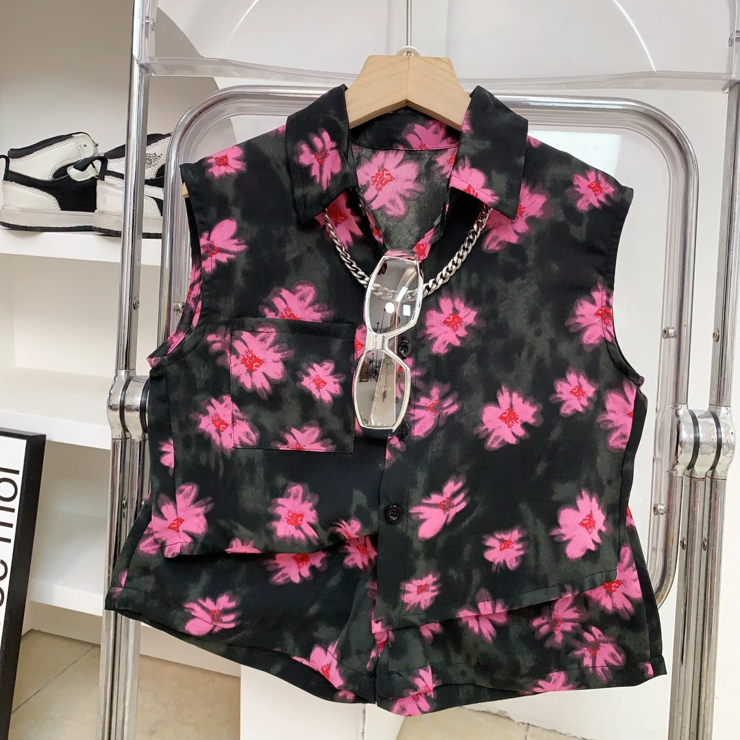 儿童韩版痞帅港风衬衫套装男童夏款无袖花花衬衫短裤两件套男孩