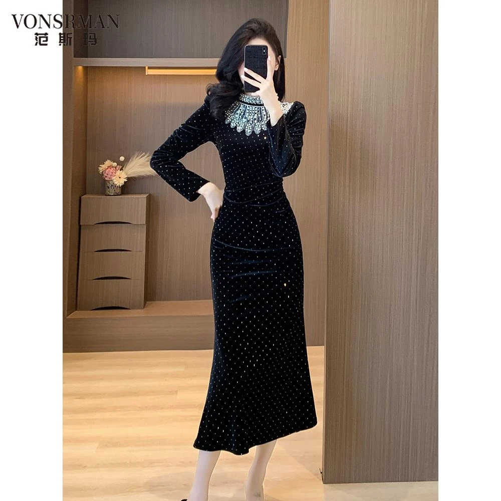 设计感法式名媛丝绒包臀中长裙2025秋冬季新款重工烫钻钉珠连衣裙