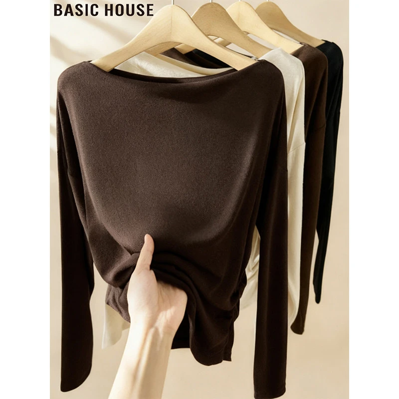 Basic House/百家好复古咖色一字领长袖T恤女2025秋冬修身打底衫