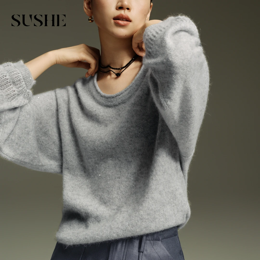 束皙SUSHE 星曳 法式慵懒 细闪羊绒羊毛卷边领镂空蝙蝠袖针织衫秋