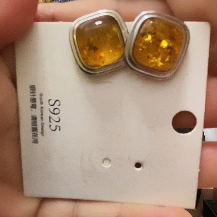 琥珀（花珀）银S925镶嵌耳饰琥珀