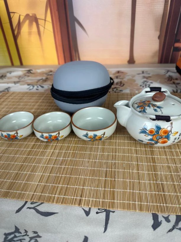 事事如意喜事连连一壶三杯旅行茶具套装便携茶杯陶瓷泡茶壶釉下彩