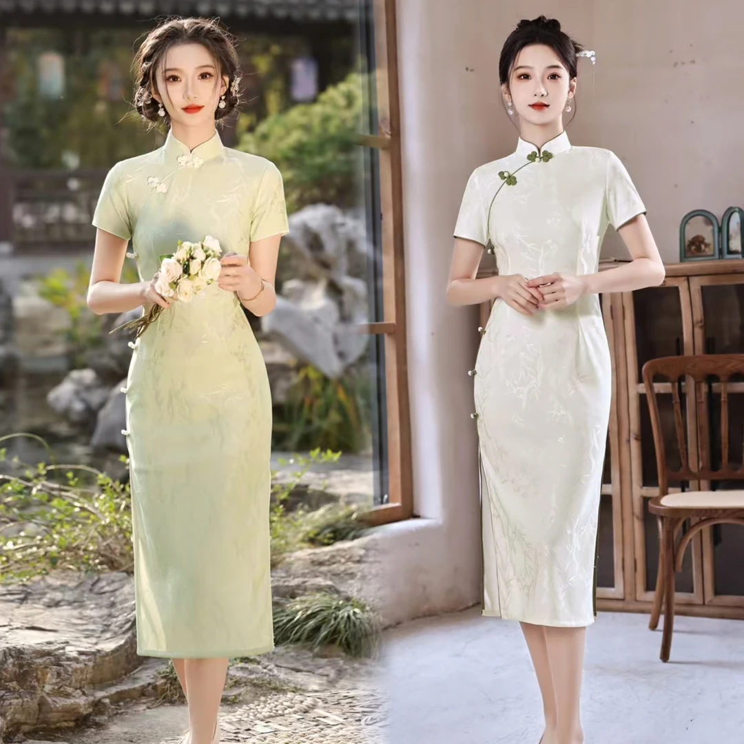 苏州苏派高档新中式锻面旗袍女中长款夏季新款修身气质国风连衣裙