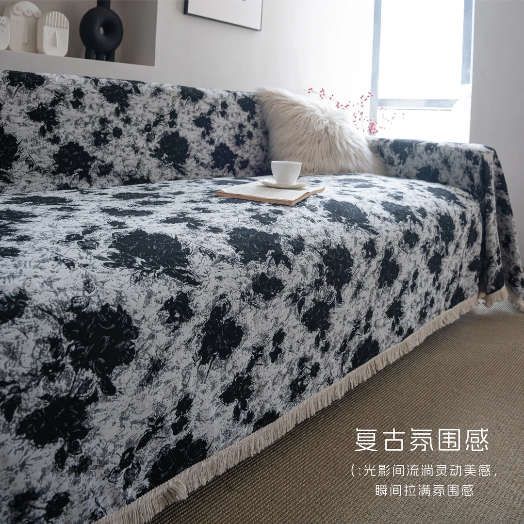 晕染花卉雪尼尔沙发垫四季网红通用防滑防猫抓全盖沙发巾复古