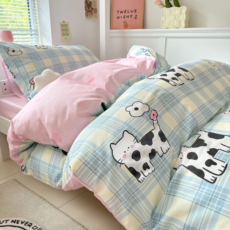 卡通俏皮猫大学生宿舍床品三件套全棉纯棉床单被套床垫被芯六件套
