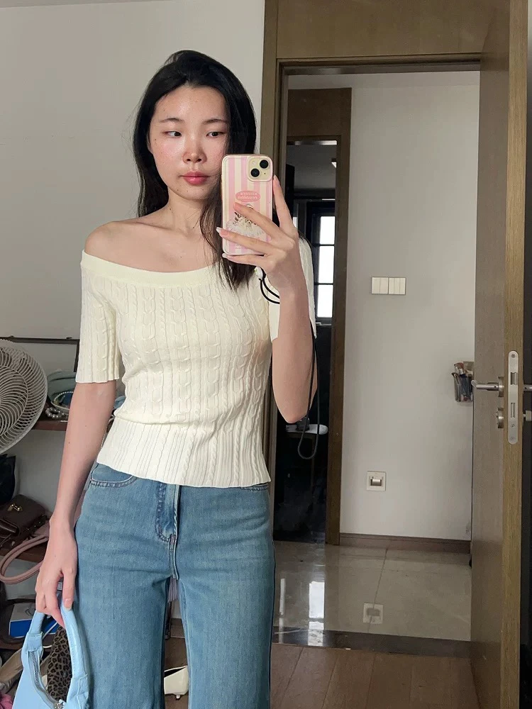 李小知慧麻花上衣女夏老友记瑞秋同款针织衫露肩美式高级短袖t恤