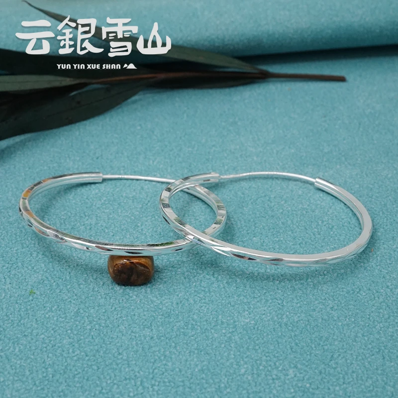 云银雪山 足银耳饰 【菱纹大耳圈】足银素圈气质耳饰送女友YR75