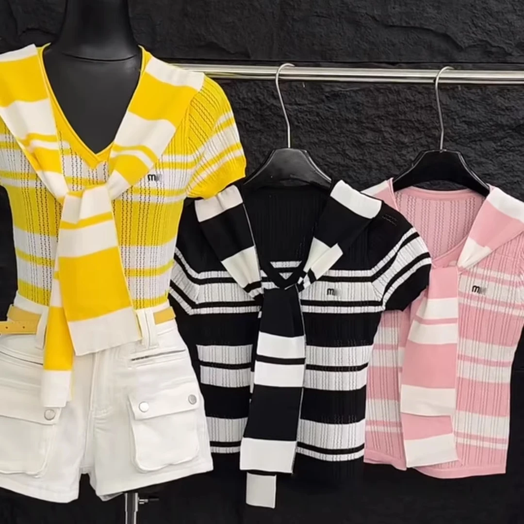 夏季miu系字母条纹冰丝绑带V领假两件短袖针织T恤女短款修身上衣
