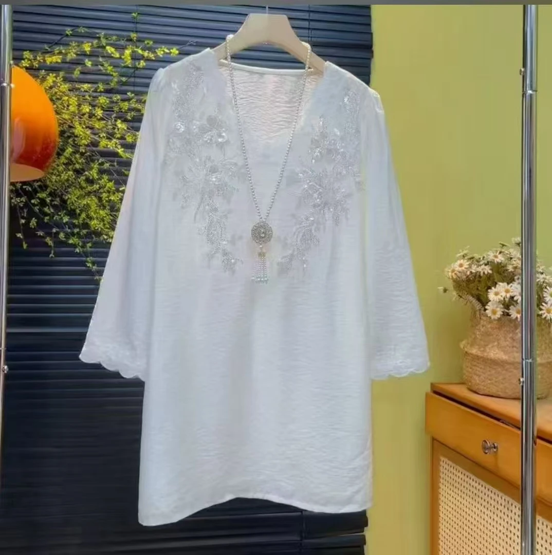 大码女装2025春夏新款时尚大衫韩版胖妹妹重工亮片蕾丝V领上衣女