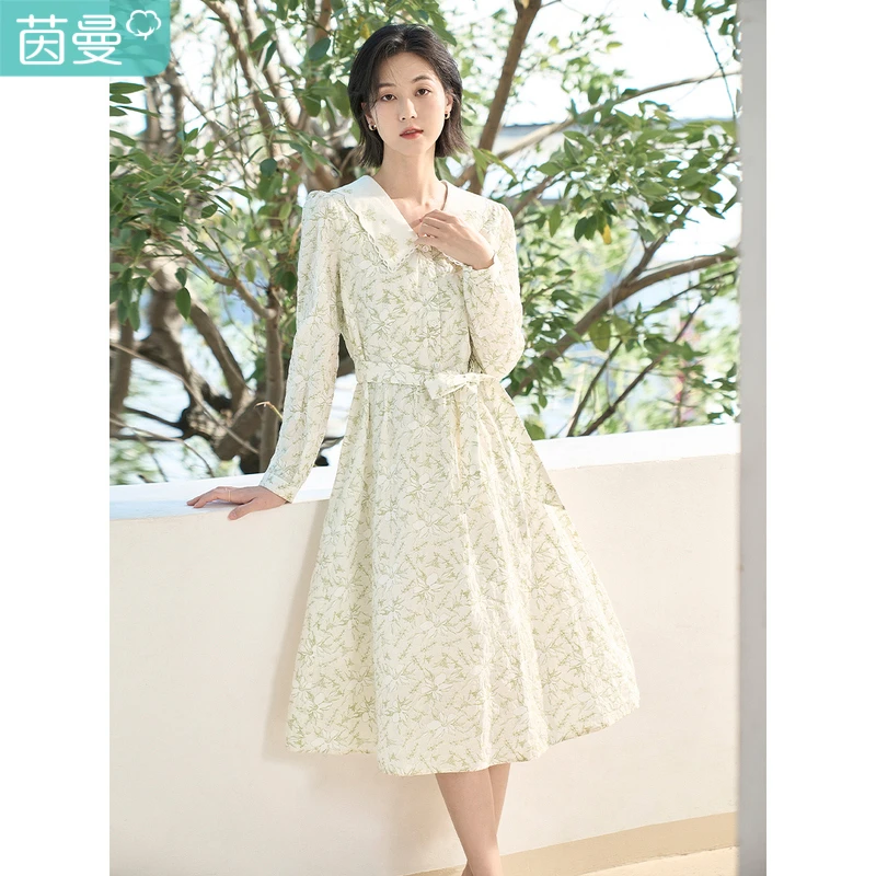 【茵曼女装】茵曼温柔风法式收腰衬衫领灯笼袖印花连衣裙18314137