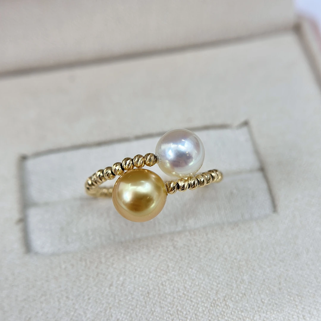 akoya 金珠  7-8mm 18k金 开口弹簧戒 海水珍珠戒指