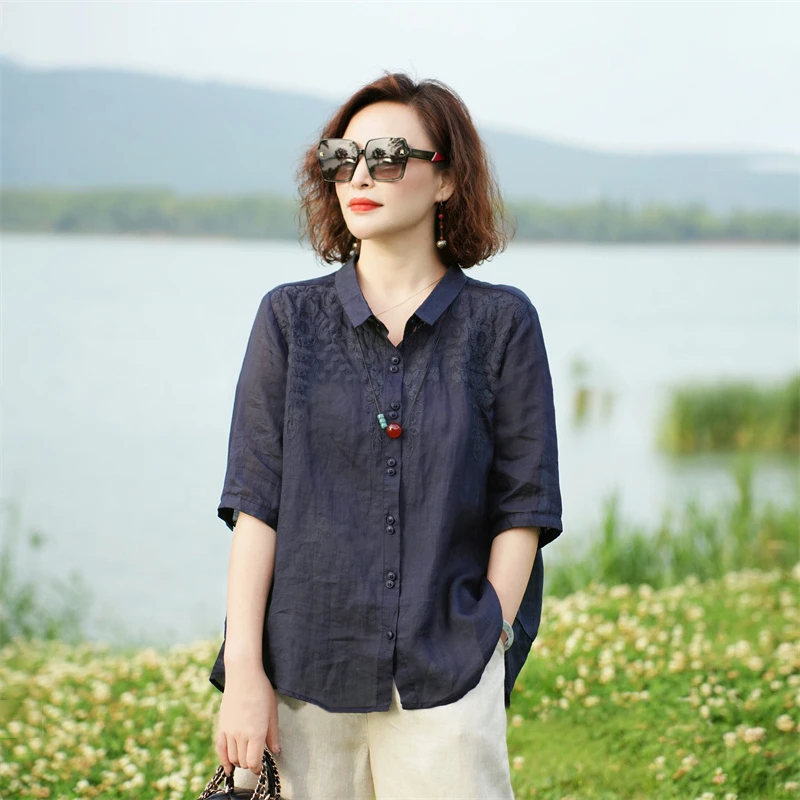 2025夏季新款时尚刺绣小衫上衣女宽松五分袖衬衫外套百搭薄款衬衣