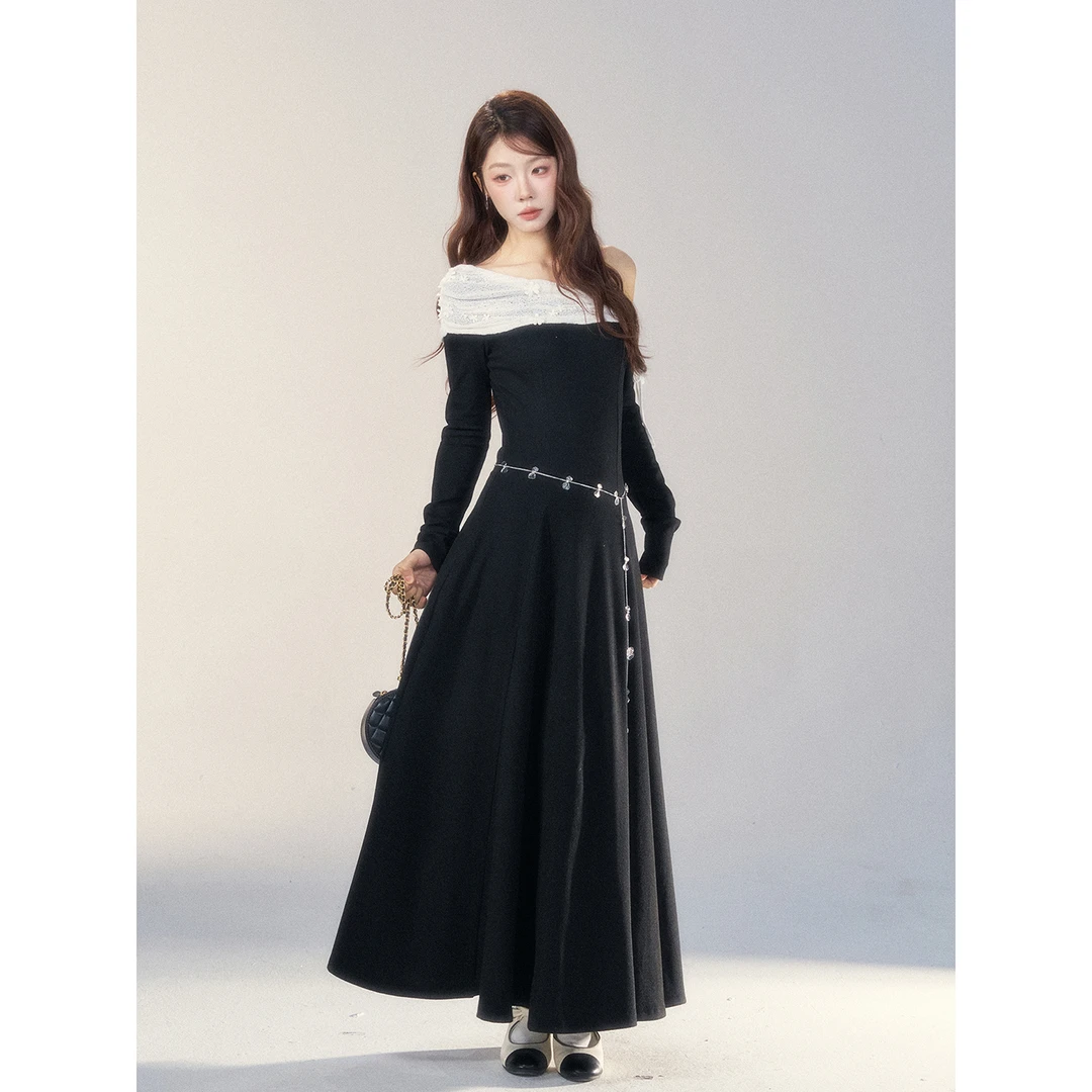 【小野莓】1月2日新品春季斜肩撞色中长款连衣裙BL811713