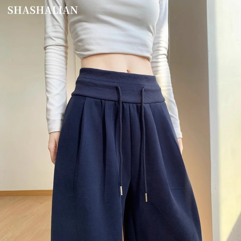 藏青色直筒运动裤女夏季2025新款高腰显瘦小个子春秋休闲阔腿卫裤