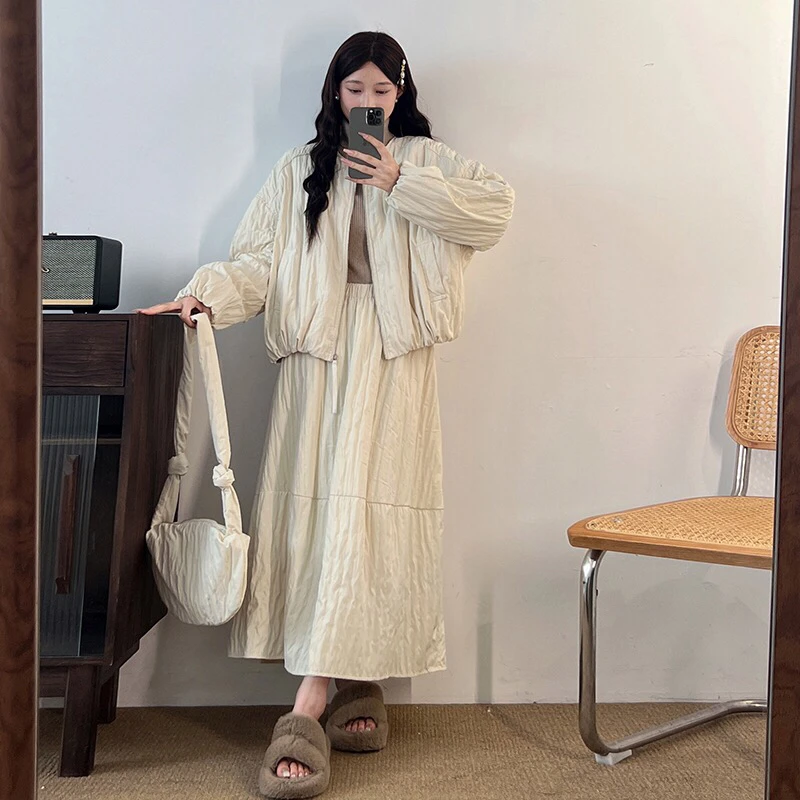 【现货】长袖宽松薄款棉服套装短款棉衣落肩袖时尚三件套套装-78