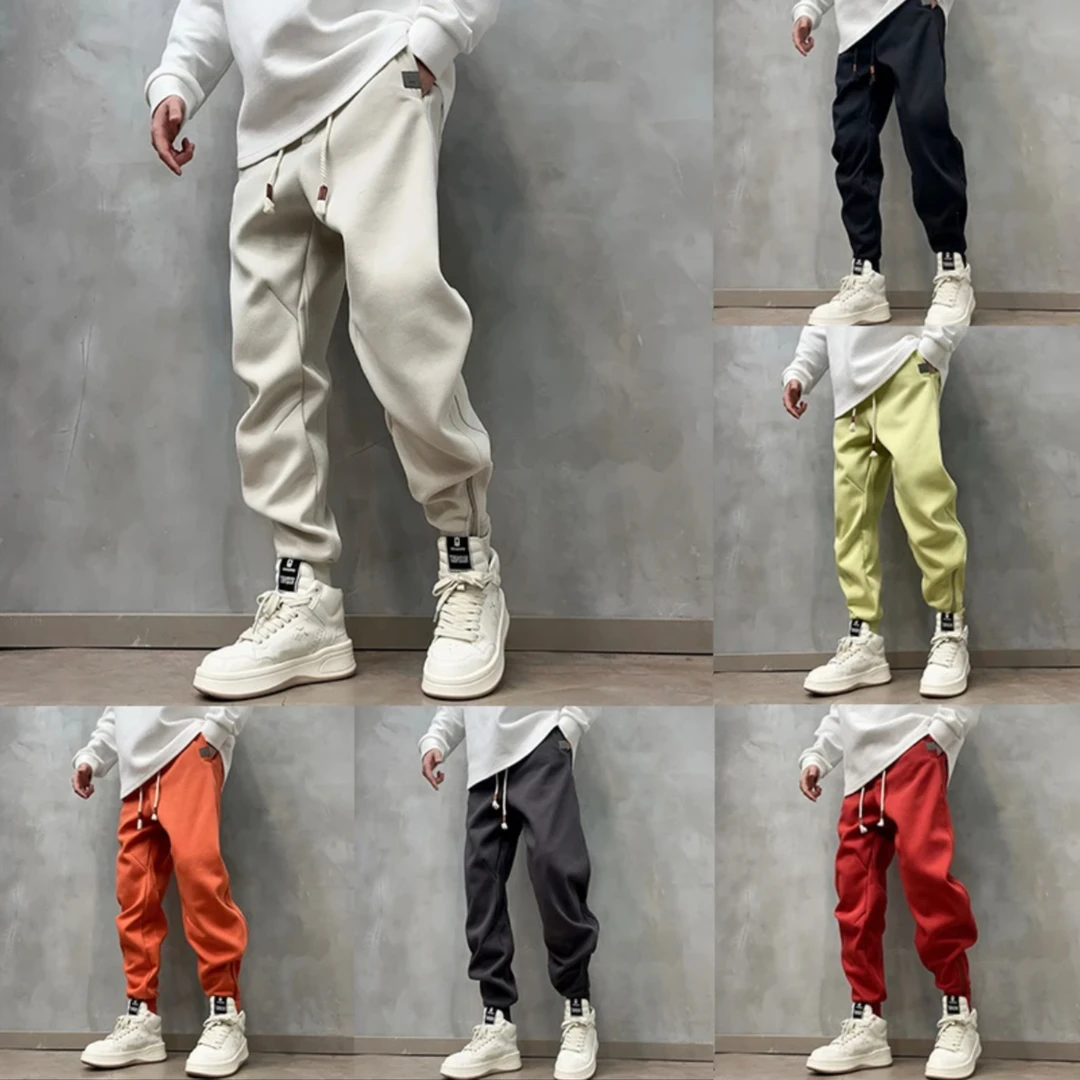 春秋新款男士潮牌刺绣卫裤宽松拉链束脚裤时尚百搭运动纯色休闲裤