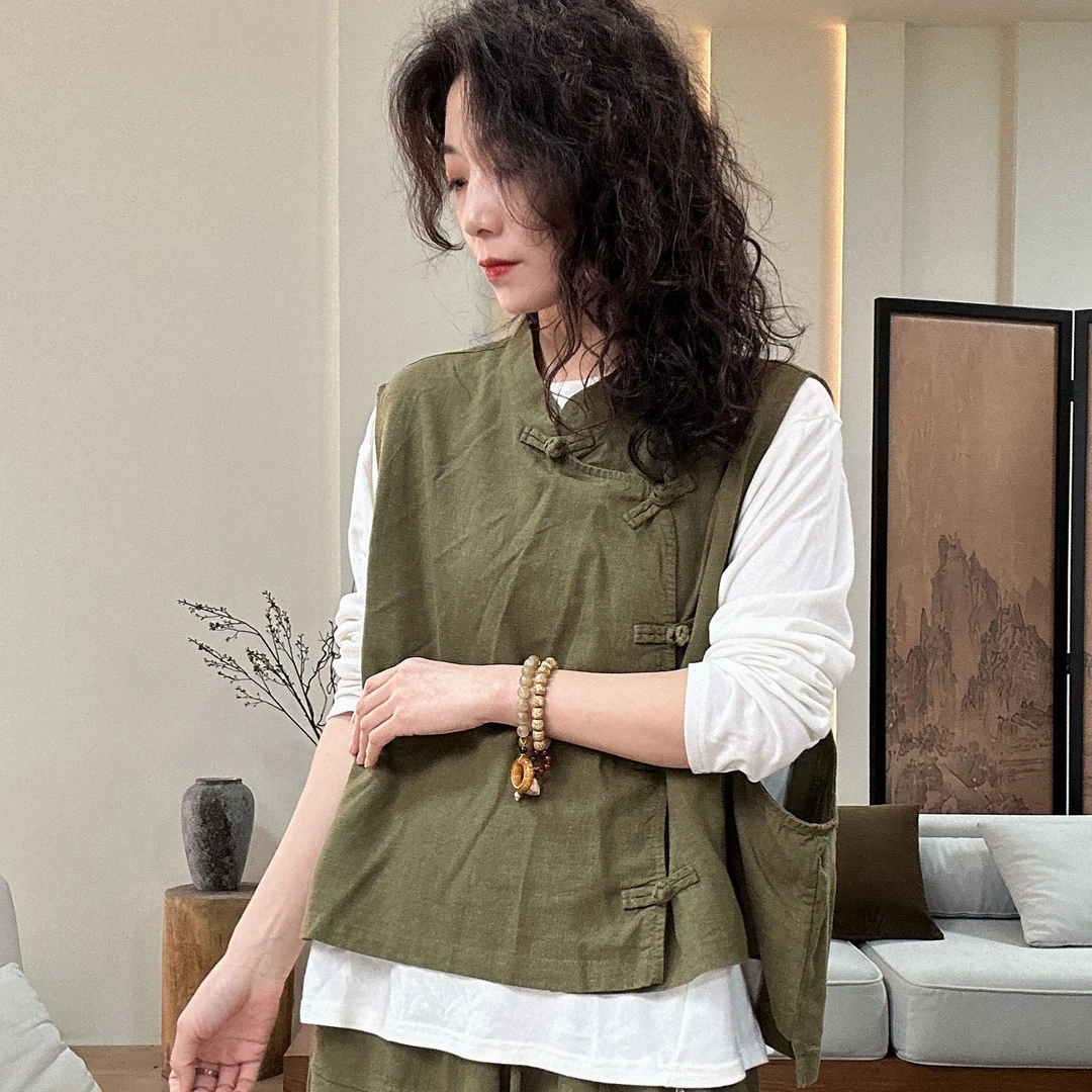春新款上衣女麻质马甲薄款马夹中国风时尚新中式秋季百搭通勤上衣