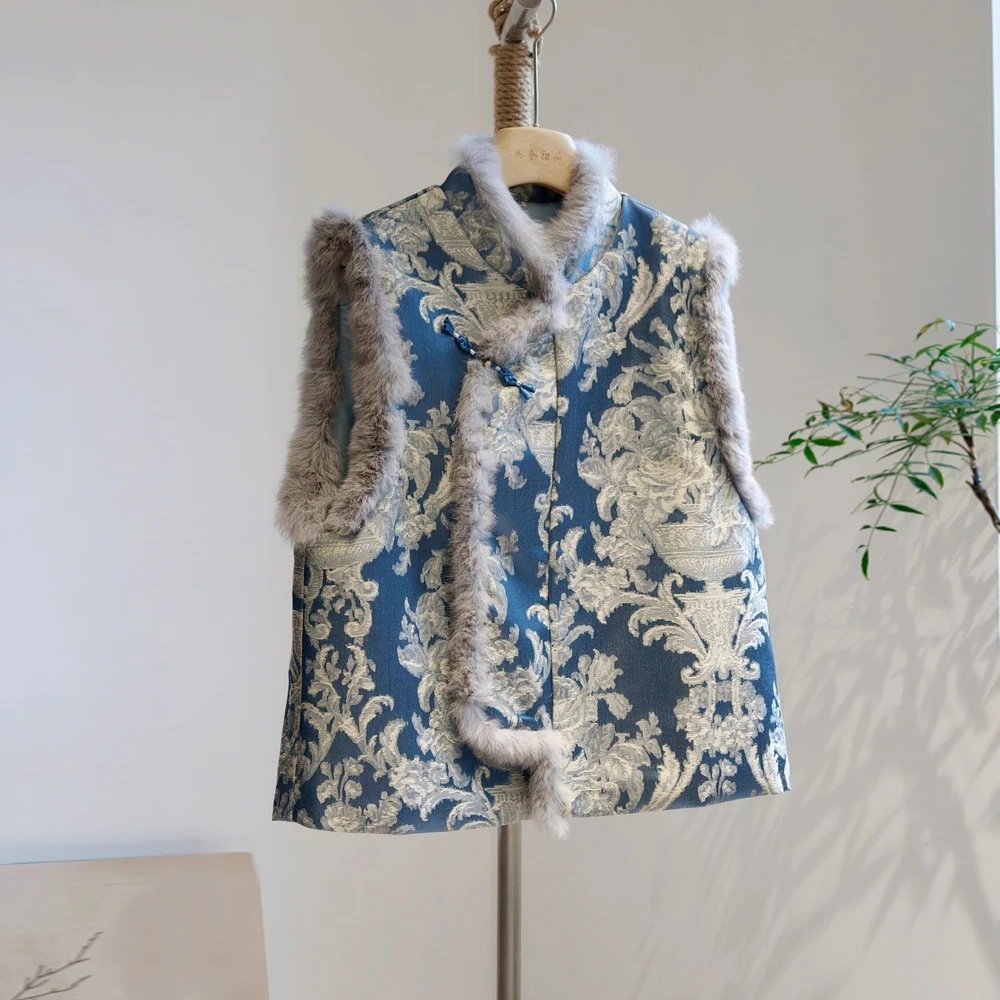 冬季新中式蓝色斜襟夹棉马甲女毛毛拼接加厚马夹背心外穿国风上衣
