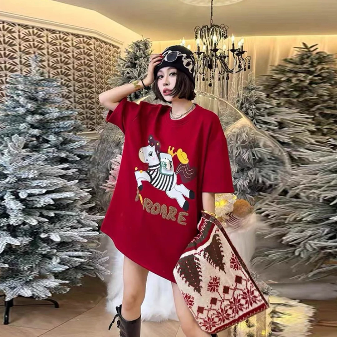 863 大码卡通马上发图案字母短袖韩版宽松遮肚子百搭减龄休闲T恤