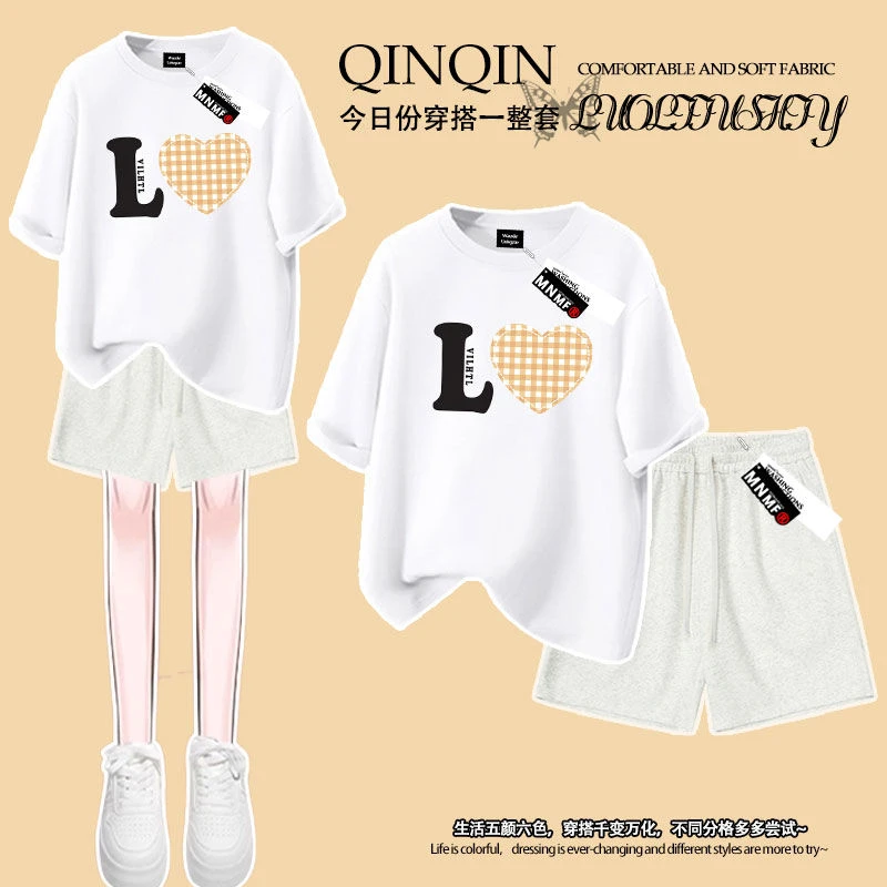新款洋气简约图案印花纯棉短袖T恤短裤套装夏季男女款休闲两件套