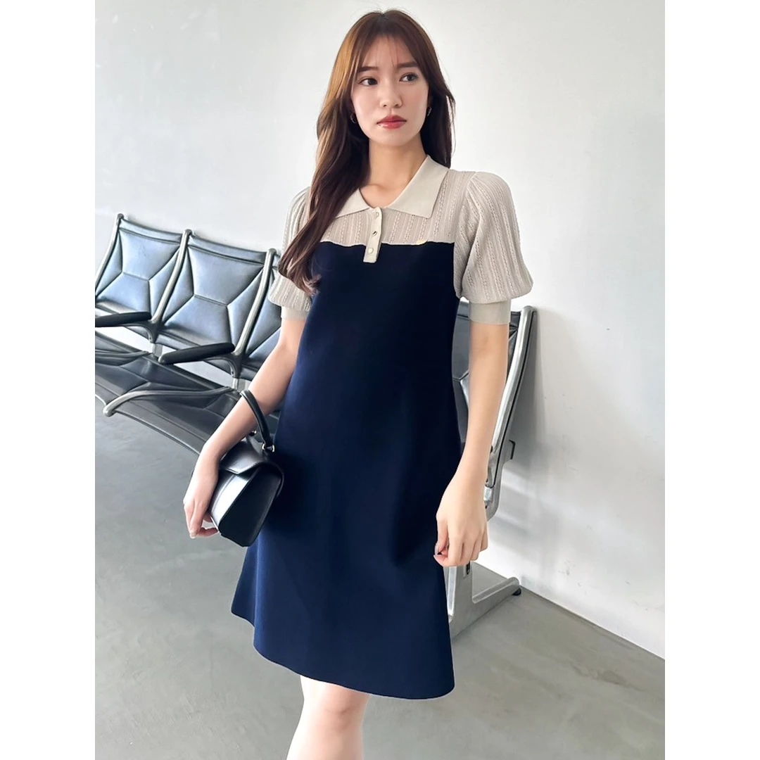 【DD外贸】D 夏季新款  时尚镂空拼接Polo衫针织短款淑女连衣裙