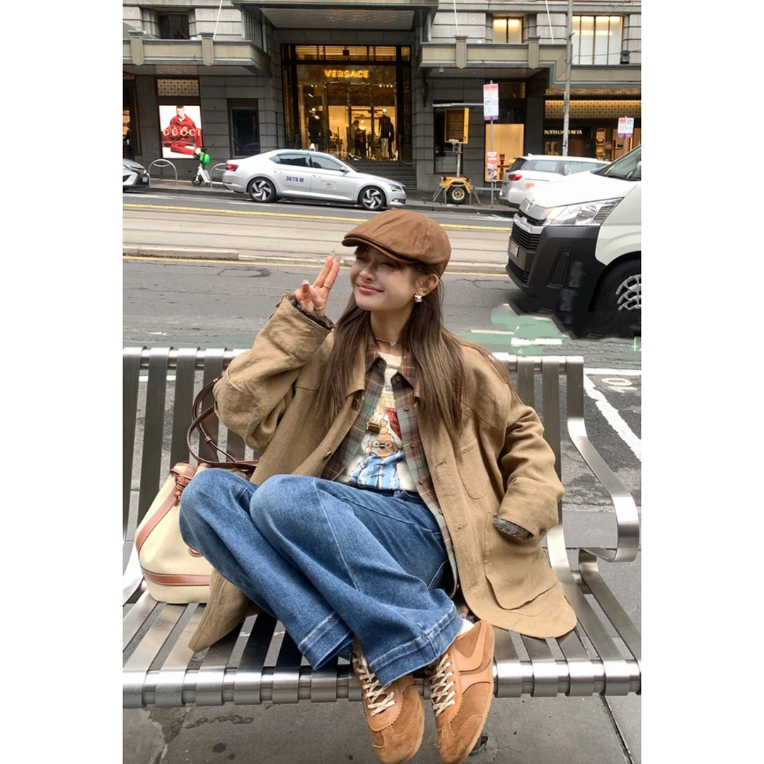 【柔雾碗秋】fu*百分亚麻！翻领纽扣外套上衣～