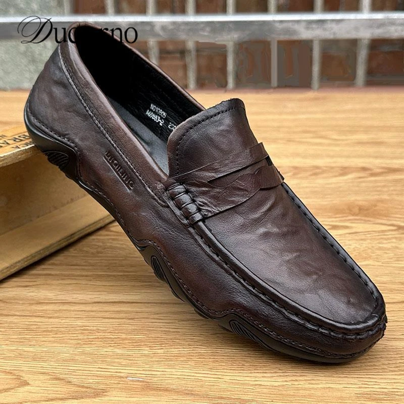 度卡奴休闲男鞋日常休闲男士皮鞋牛皮手抓纹新款软底豆豆鞋百搭