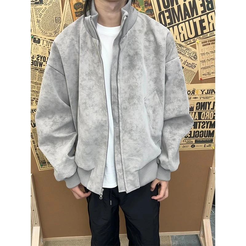 美式复古麂皮绒立领夹克情侣百搭宽松扎染外套秋季cleanfit棒球服