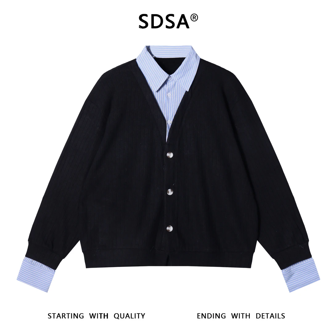 SDSA男士秋冬新款痞帅男装简约拼接假两件纽扣开衫衬衫外套百搭