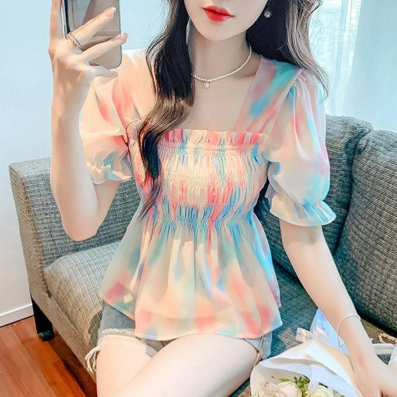 法式雪纺衫方领新款收腰洋气上衣泡泡夏季短袖甜美显瘦修身衬衫