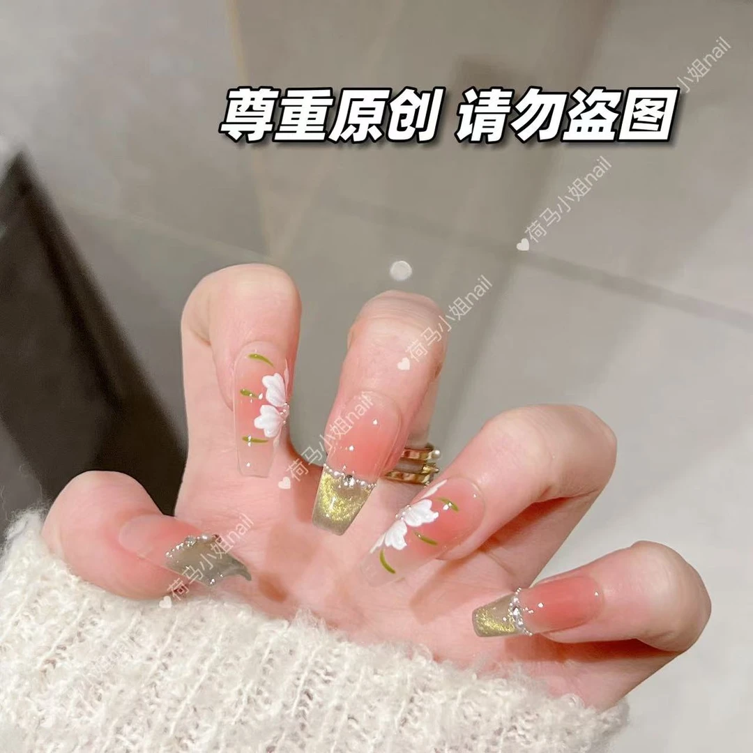 【冰花绿精灵】纯手工穿戴甲猫眼腮红美甲贴10片装