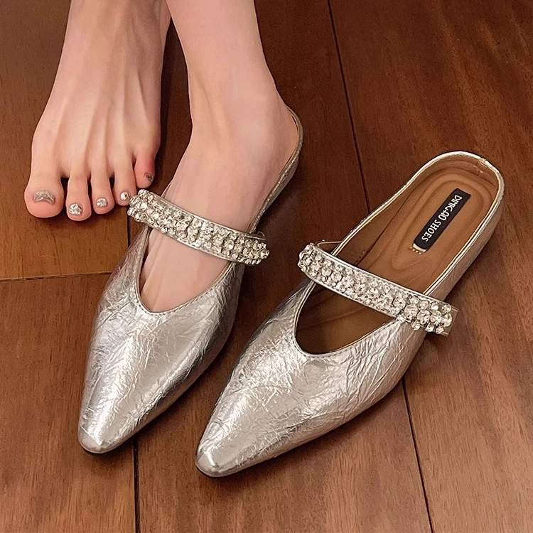 三福法式内增高包头半拖鞋女夏外穿一字带水钻懒人穆勒凉拖鞋女