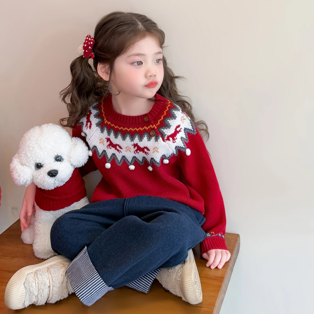 儿童套头毛衣2025新款洋气女童冬装加厚圆领毛衣女宝宝打底衫爆款