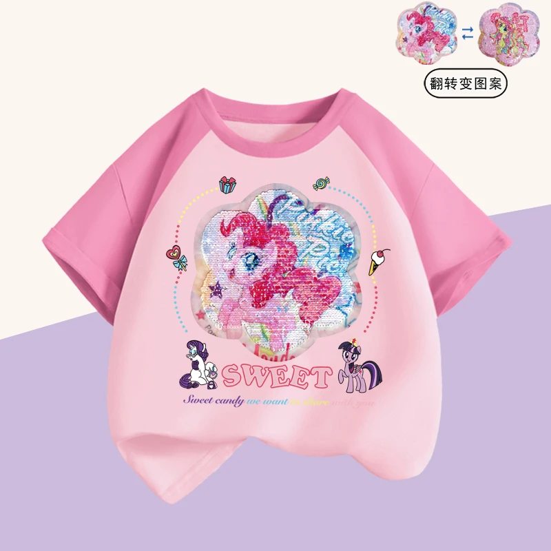 夏季新款女童纯棉短袖T恤拼色洋气女宝宝亮片变脸小马半袖中大童