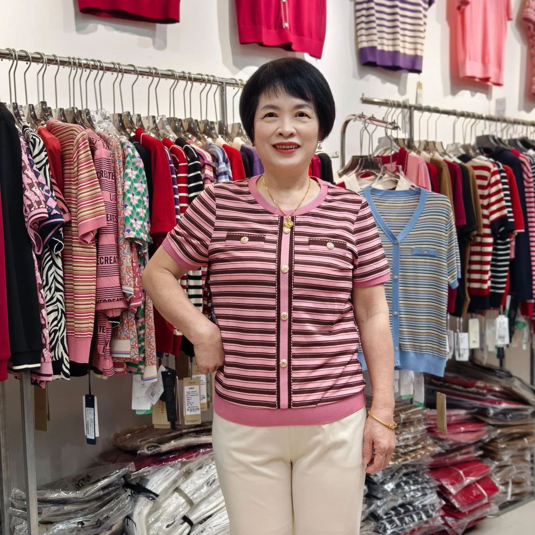 【休闲轻薄上衣】25年针织棉夏季舒适经典条纹中老年妈妈装56003